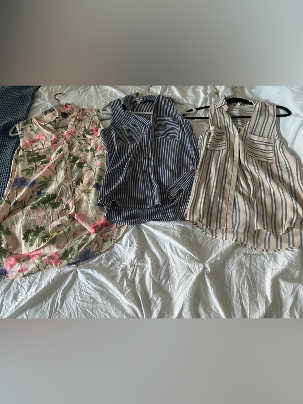 Express - Three Small Sleeveless Striped and Floral Button-Front Tops